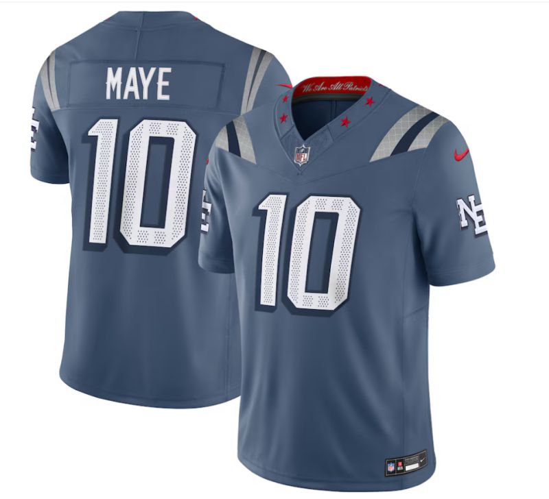 Men 2025 New England Patriots 10 Maye blue 5th generation Throwback Nike Limited NFL Jersey style 01